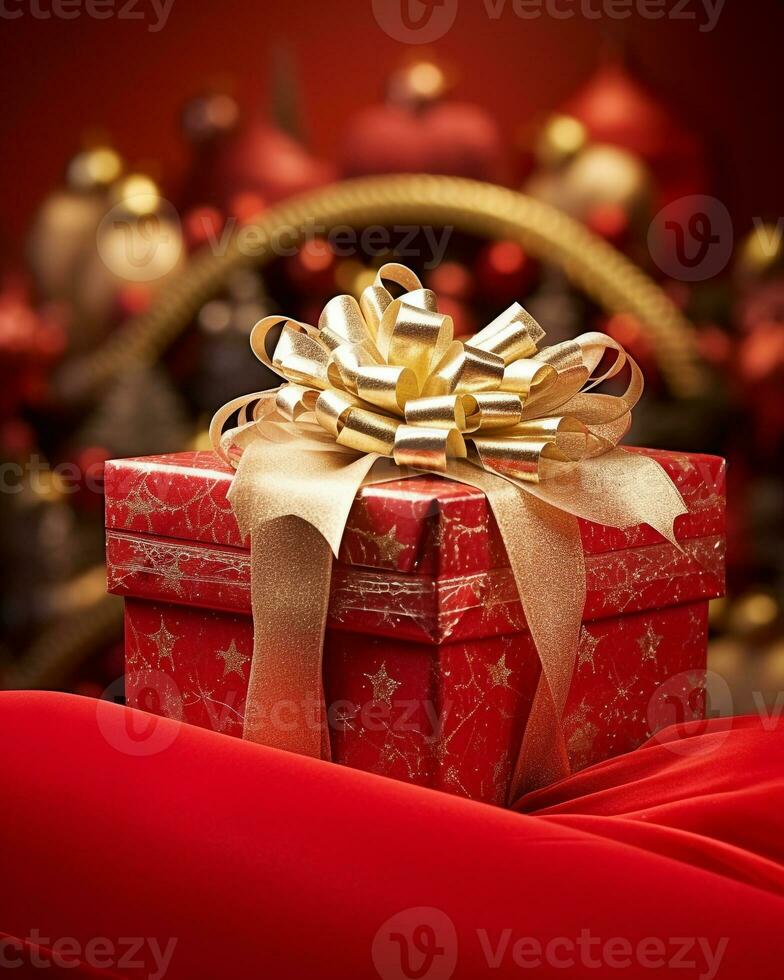 A close up shot of a christmas present sitting on santas sleigh, christmas image, photorealistic illustration photo