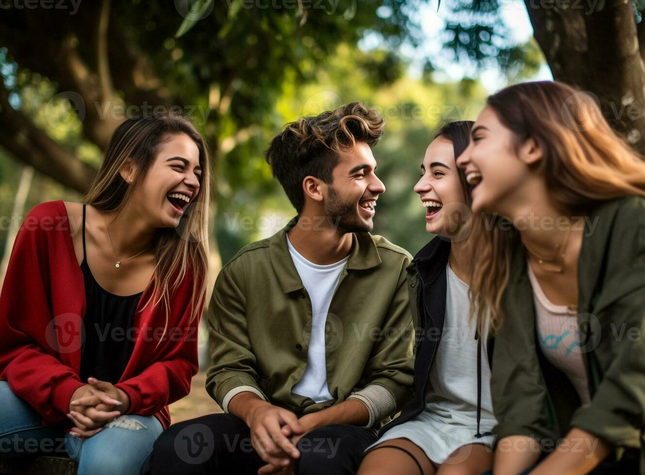 un grupo de amigos sentado en un banco en el parque riendo y hablando, mental salud imágenes, fotorrealista ilustración foto