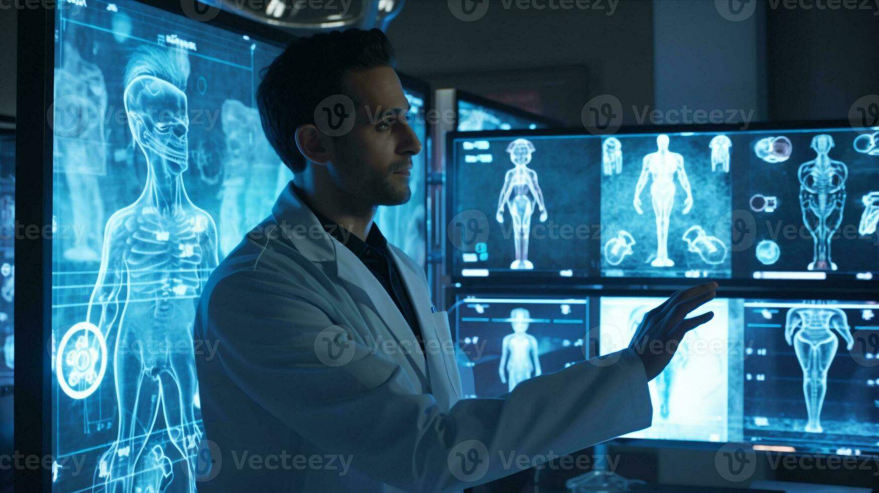 A young male doctor clicking on an image while other medical icons are displayed, medical stock images photo