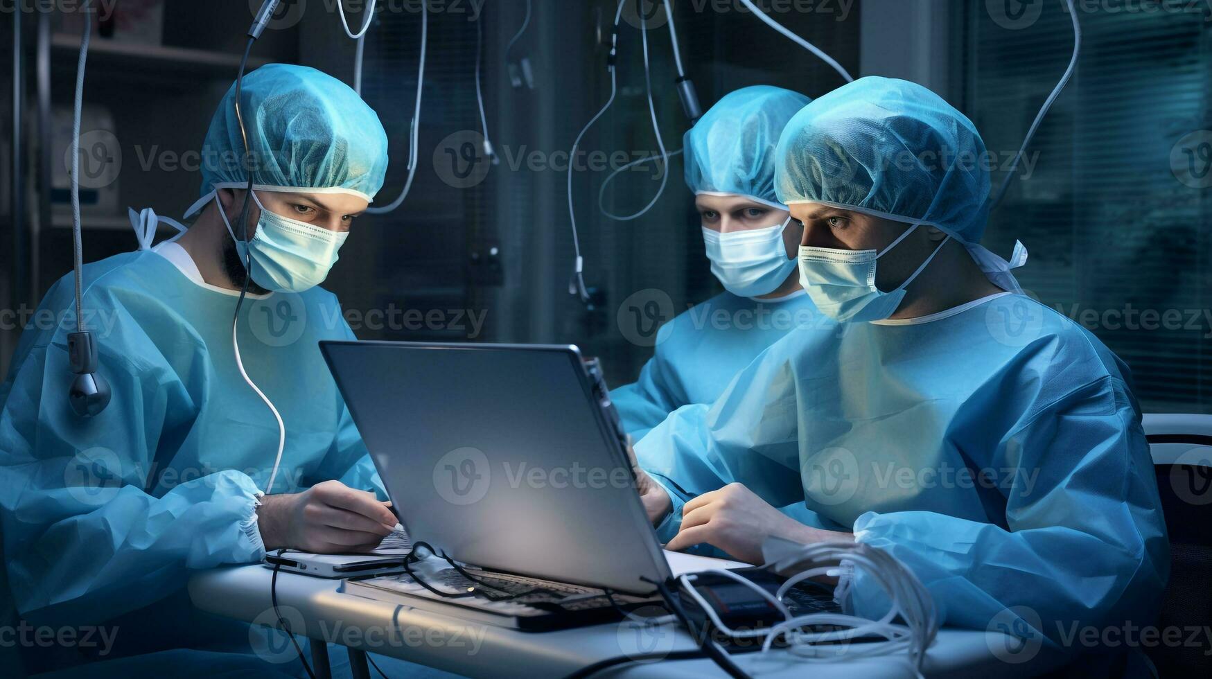 A pair of medical workers wear medical face masks over their laptops, medical stock images photo
