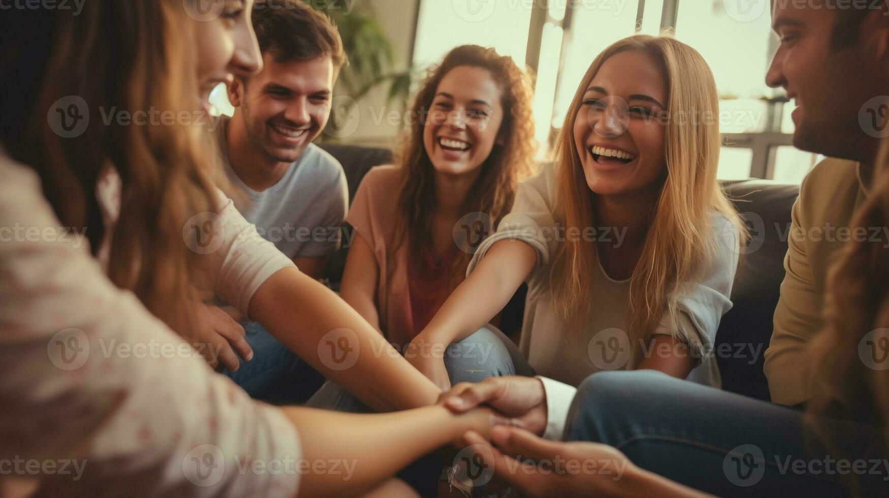 A group of friends sitting in a circle on a couch, mental health images, photorealistic illustration photo
