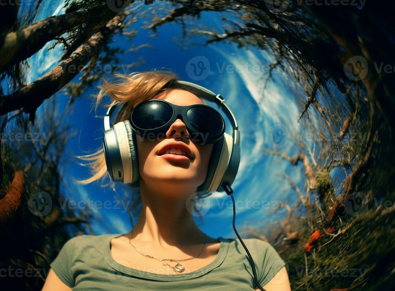 A woman listening to music in a fisheye lens, mental health images, illustration images for commercial use photo