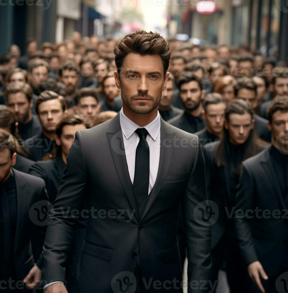 A man in a suit walking across a crowd of men in suits, boss day images photo