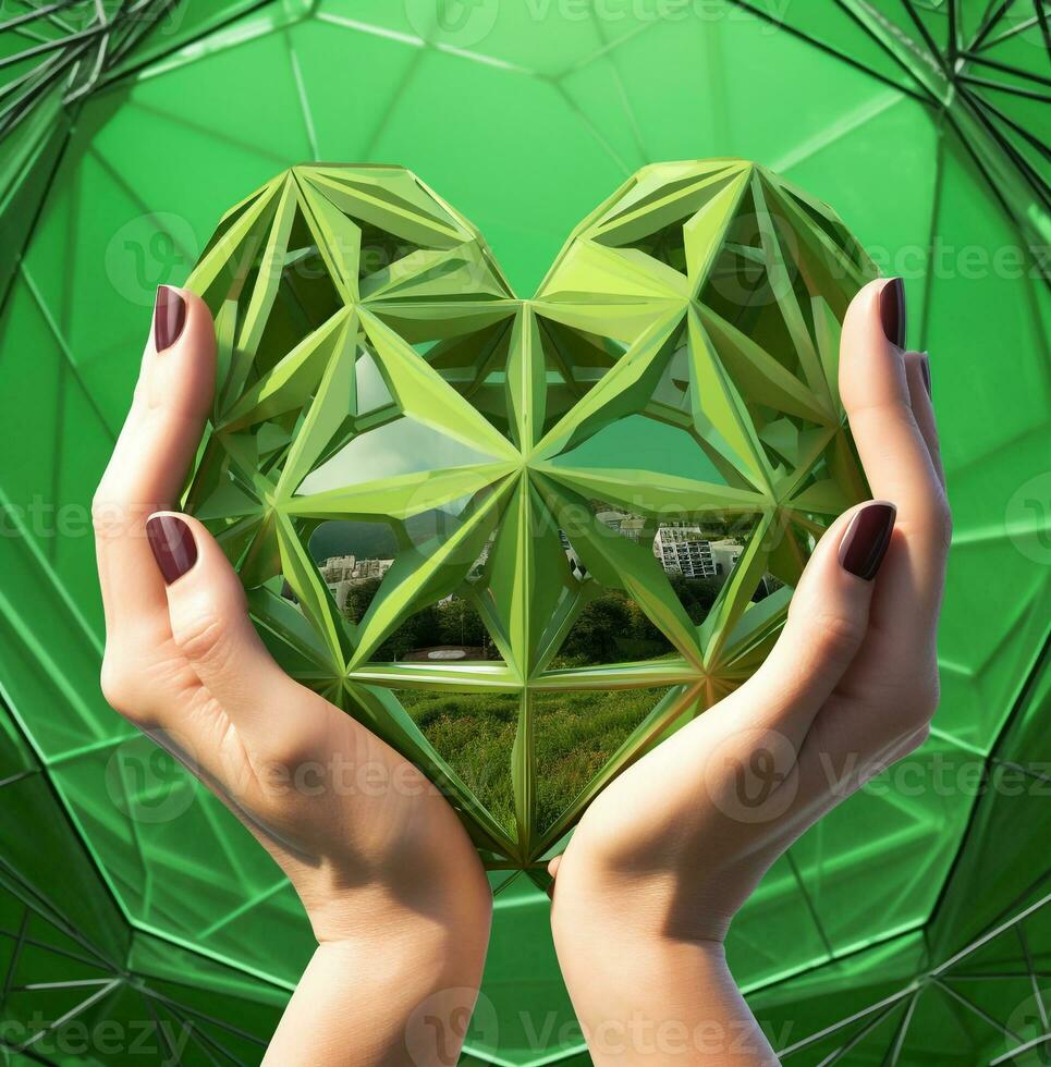 A female hand shows a heart shape on a green background with a cross in it, medical stock images photo