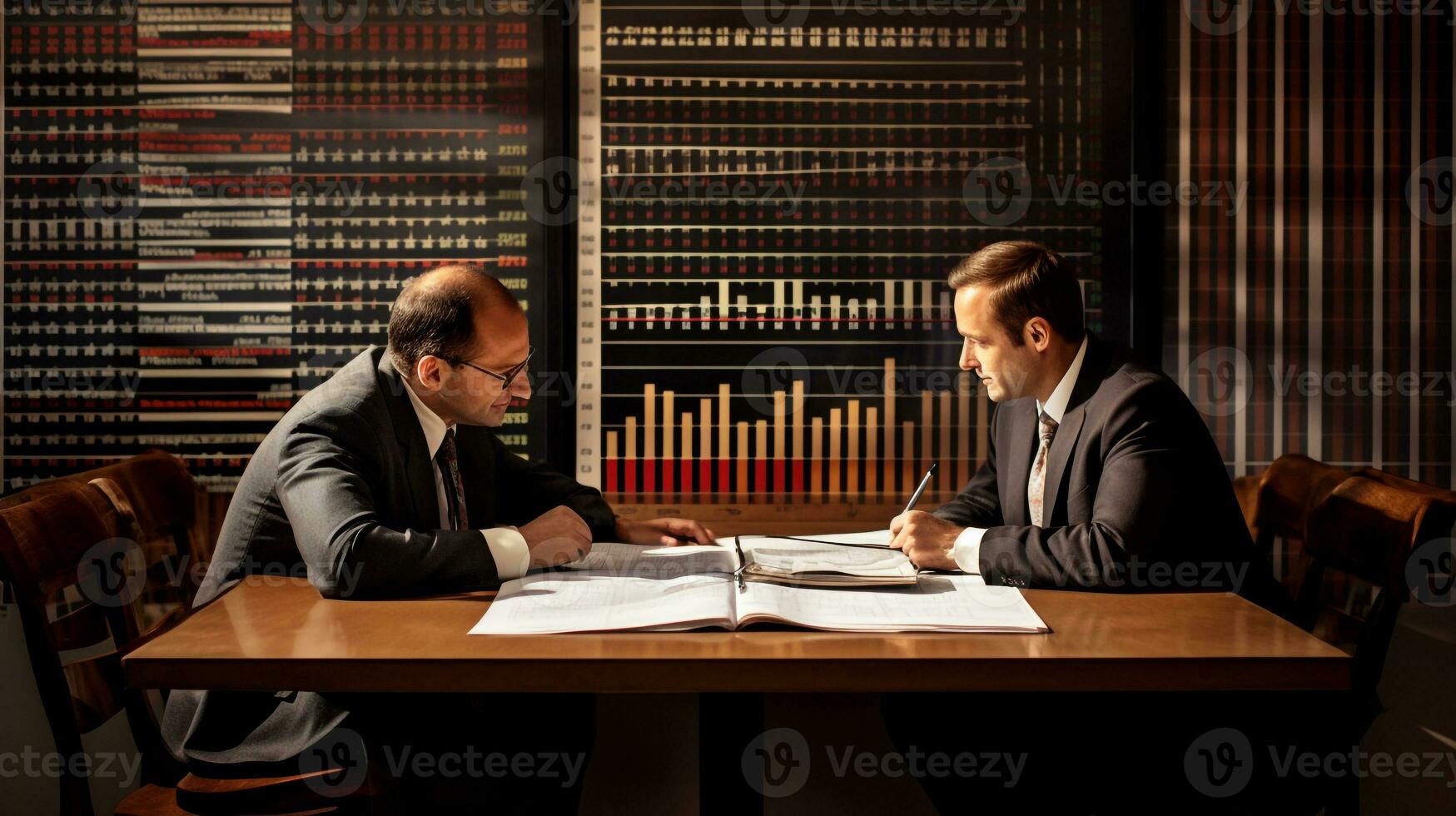 Two faces of businessmen meeting by table with graph sheet in front of them, business and marketing stock photos
