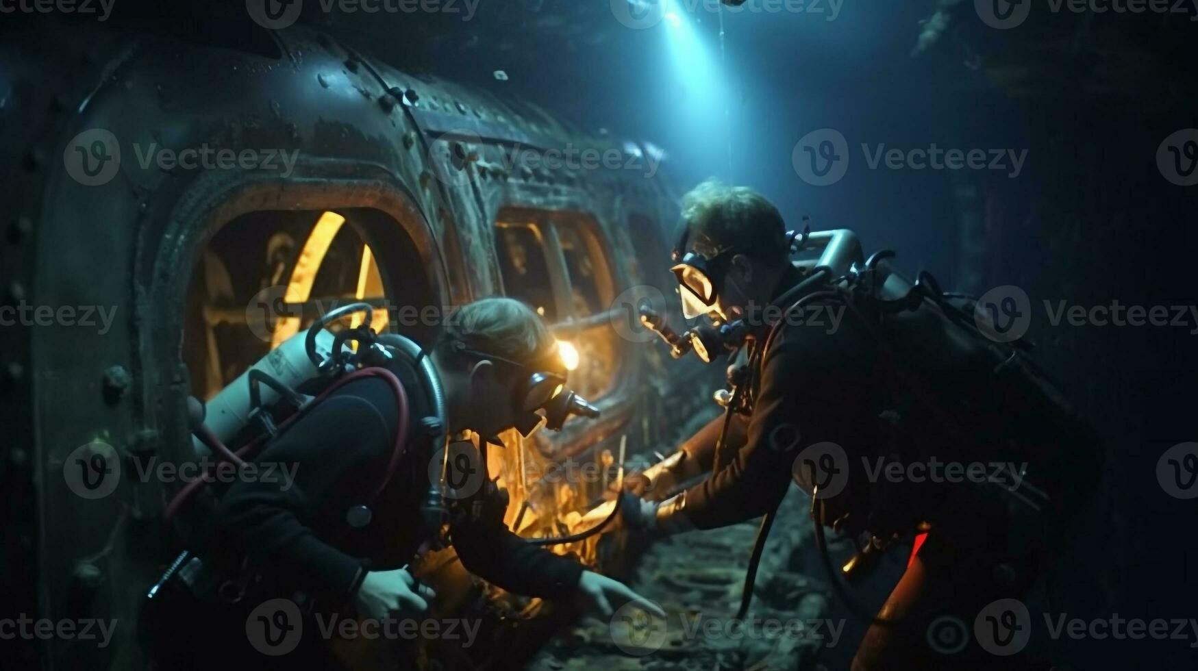 A team of divers works on the hull of a sunken ship, industrial machinery stock photos