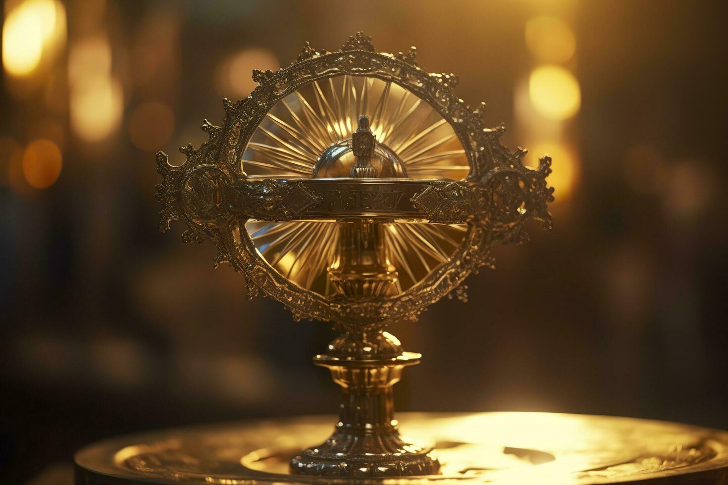 The golden monstrance with a little transparent crystal center, consecrated host. church defocused background. AI Generative photo