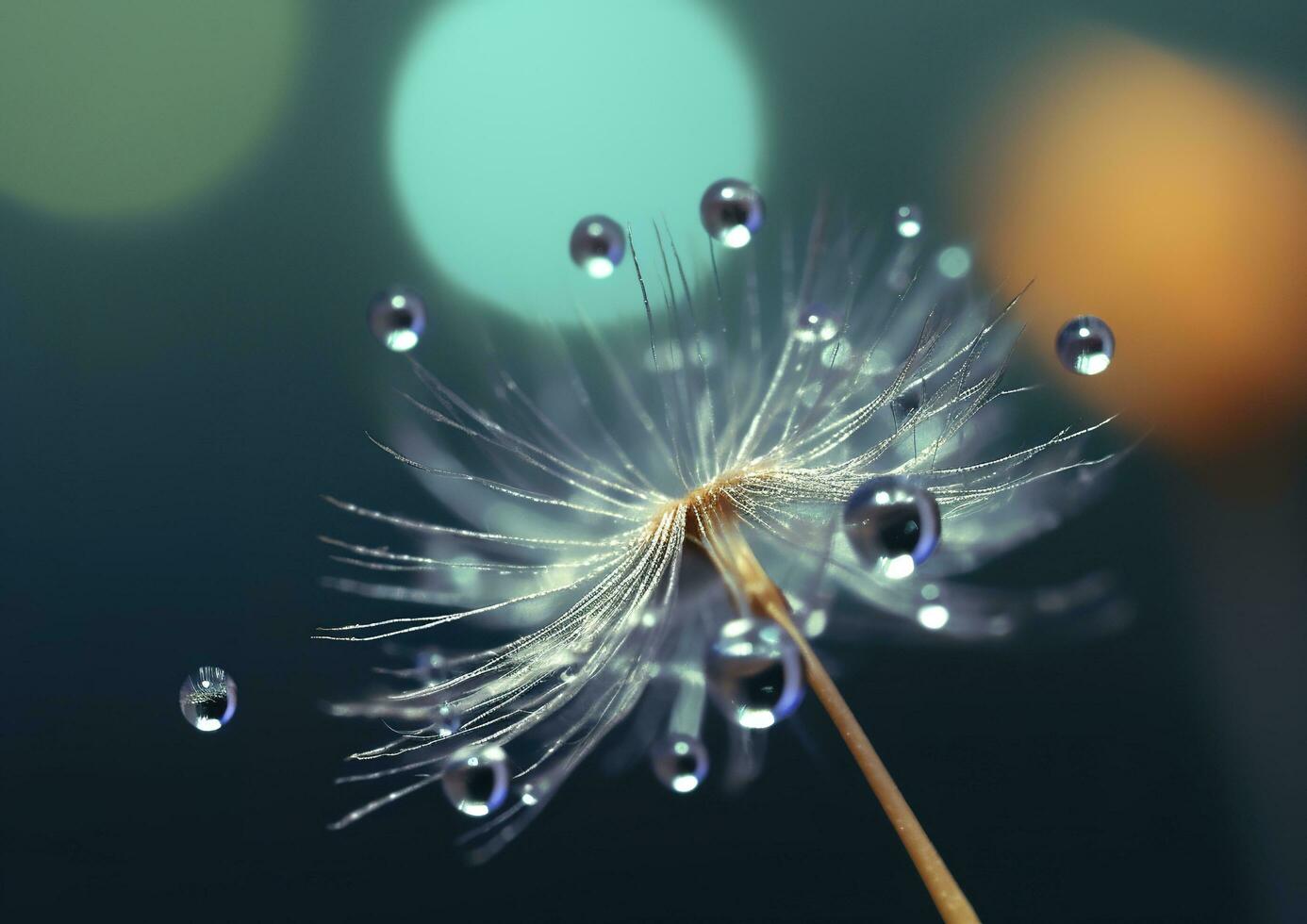 Beautiful dew drops on a dandelion seed macro. Beautiful blue background. Generative AI photo