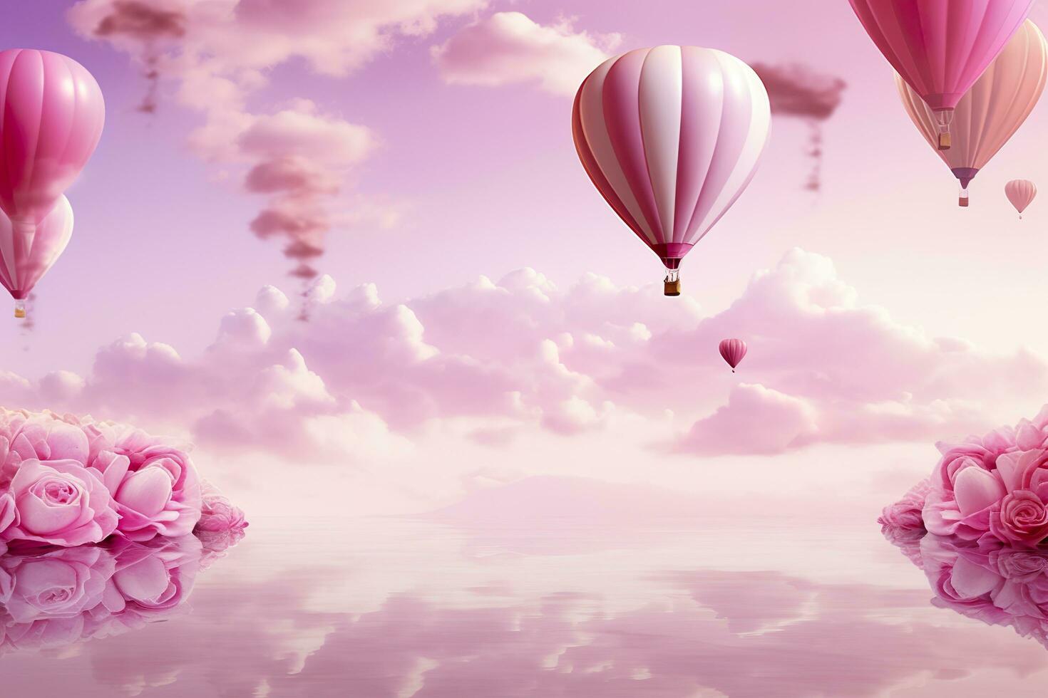 Bright pink ethereal cloudy landscape, hearts, roses, balloons, and wedding concept. Generative AI photo