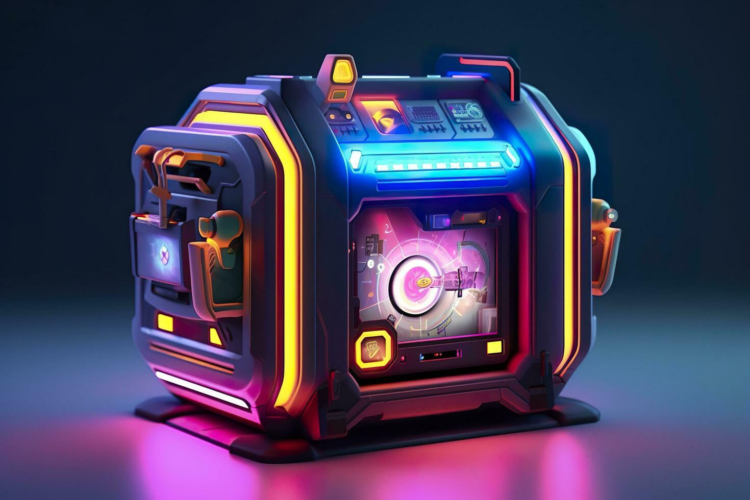 Modern and Futuristic Neon Digital Gaming Chest in Cartoon Pixar 3D Blender Style. AI Generative photo