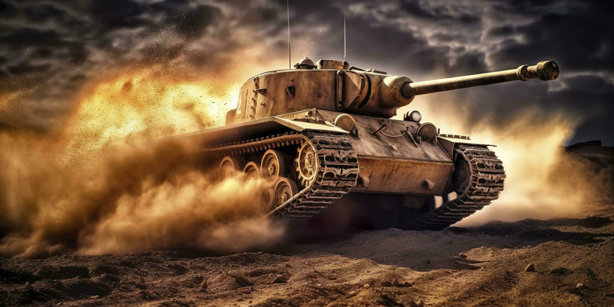 A Close Up Look at the Power and Destruction of a World War II Tank Firing Shell. AI Generative photo