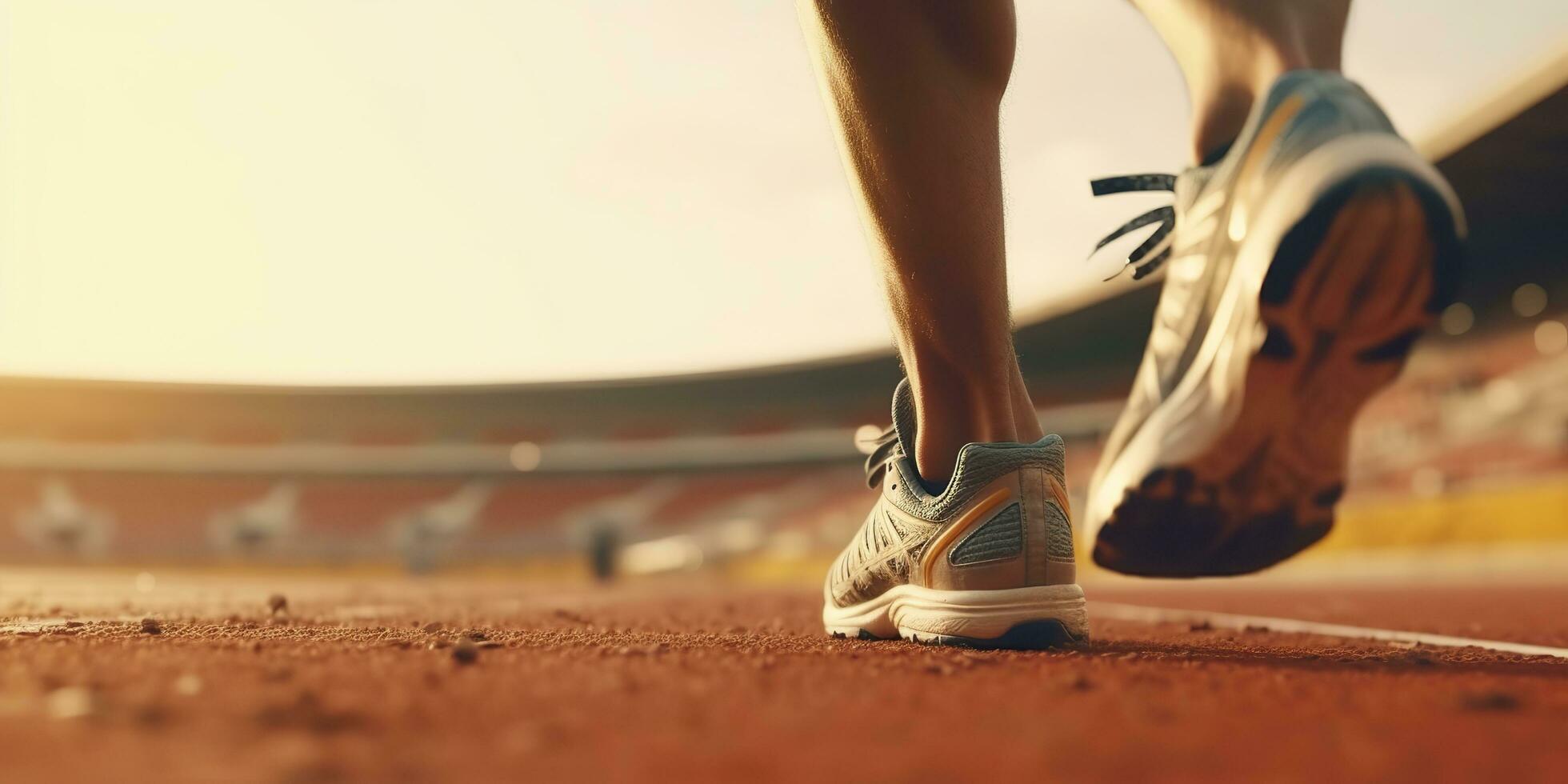 Runner feet running on a stadium, closeup on feet, sports background, space for copy, AI Generative photo