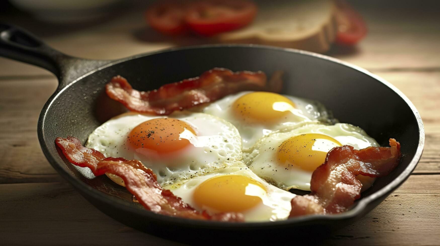 Bacon and eggs in a pan. Composition with tasty fried eggs and bacon on wooden table. AI Generative photo