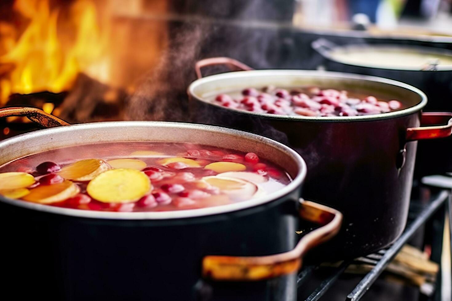 Beverages fruits and berries hot mulled wine in pots with steam in street food market. Generative AI photo