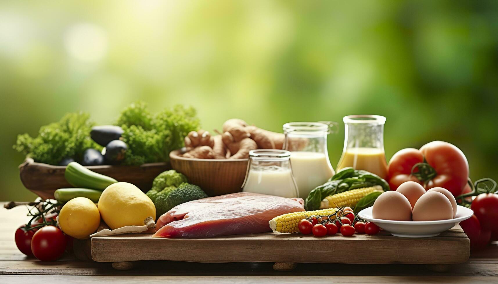 Closeup of vegetables, fruits, and meat on wooden table over green natural background. Generative AI photo