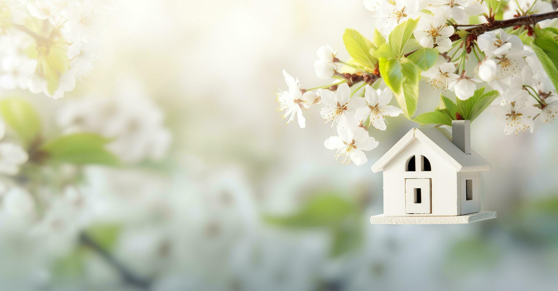 Toy house and cherry flowers, spring abstract natural background. Generative AI photo