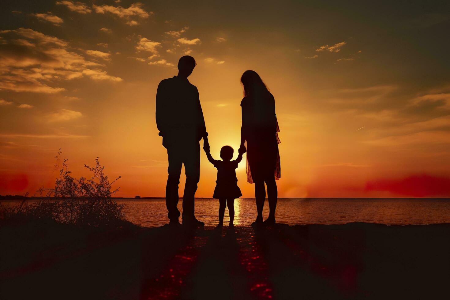 sombra de contento familia juntos, padres con su pequeño bebé a puesta de sol. un silueta de amor y unidad. ai generativo foto