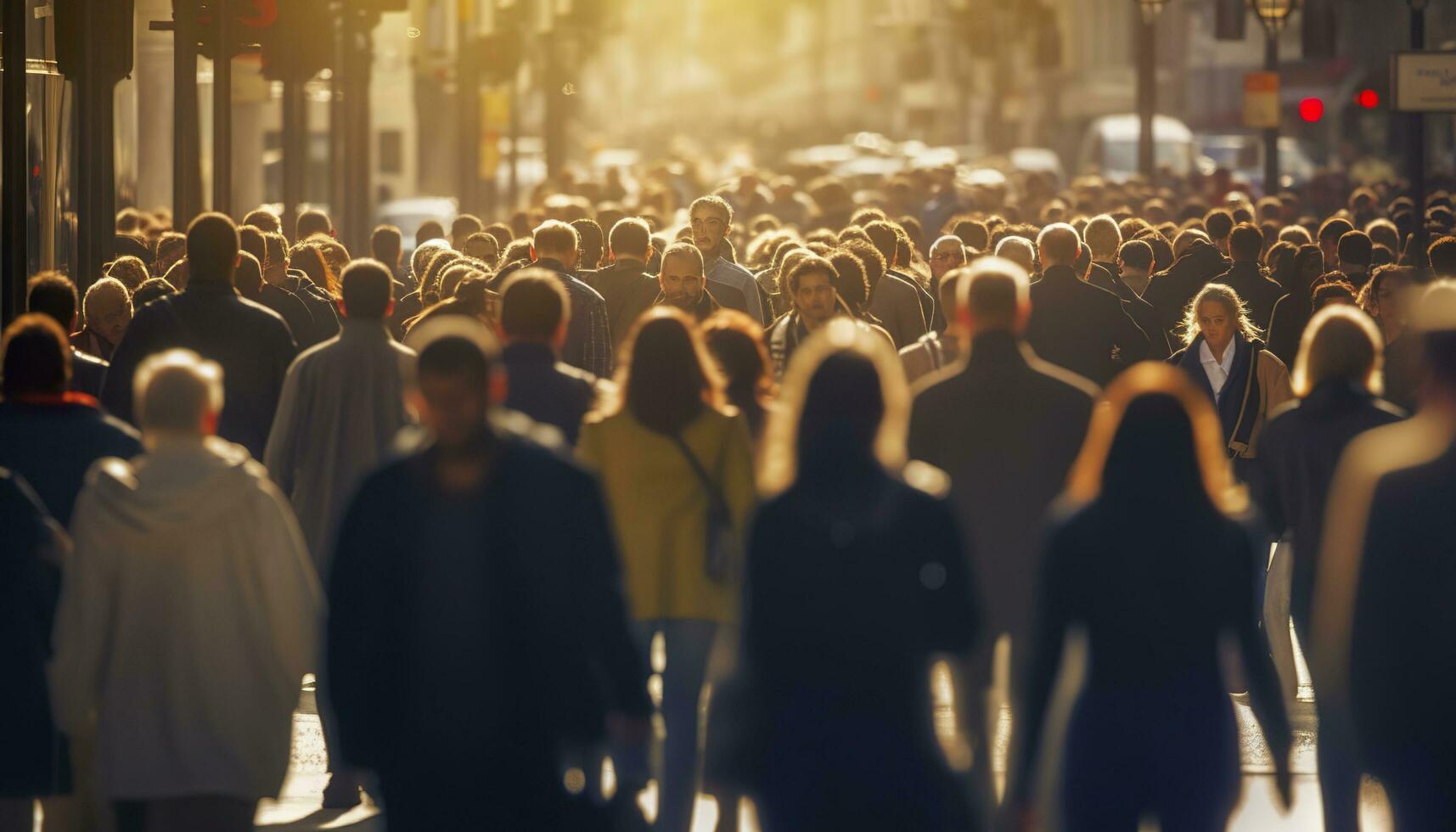 Crowd of people walking busy city street backlit. Generative AI photo