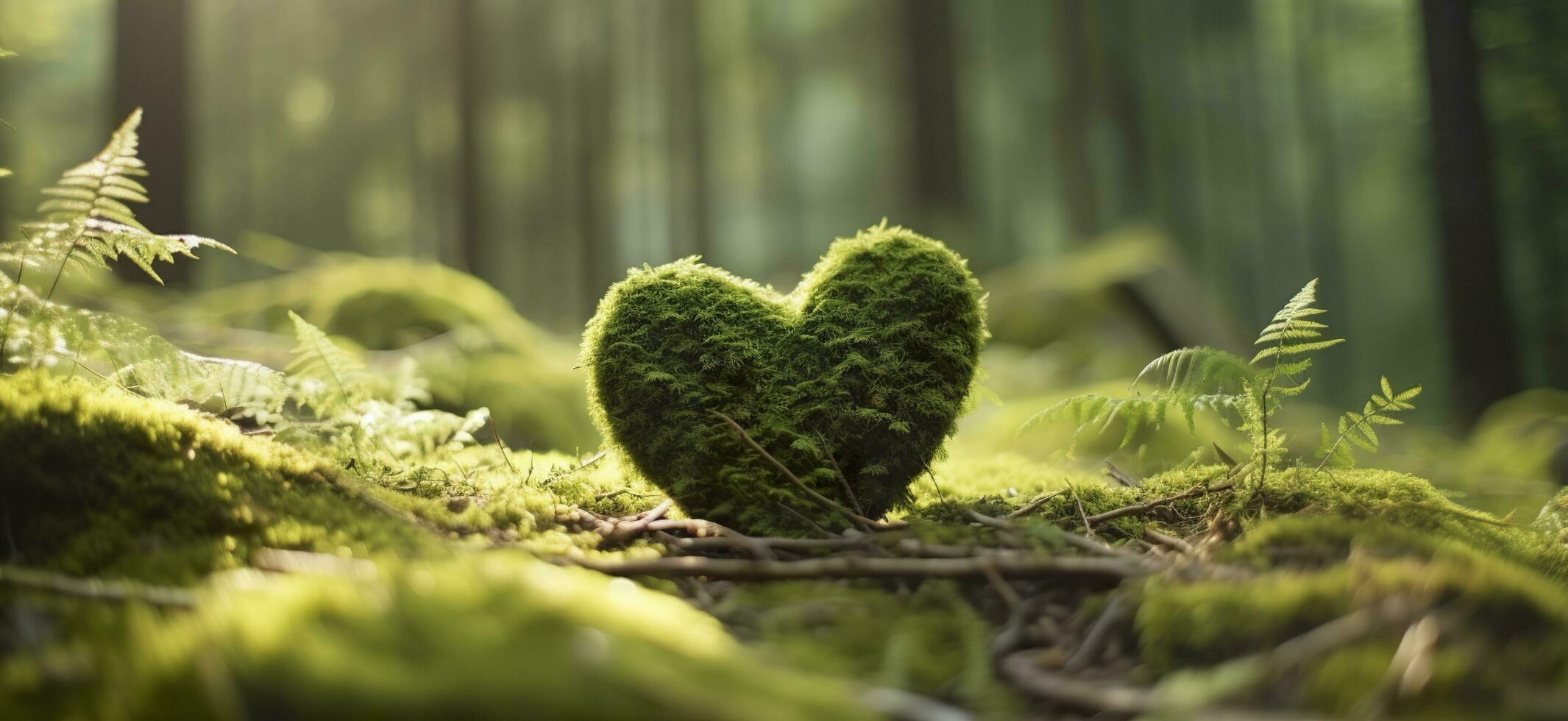 Closeup of wooden heart on moss. Natural burial grave in the woods. Generative AI photo