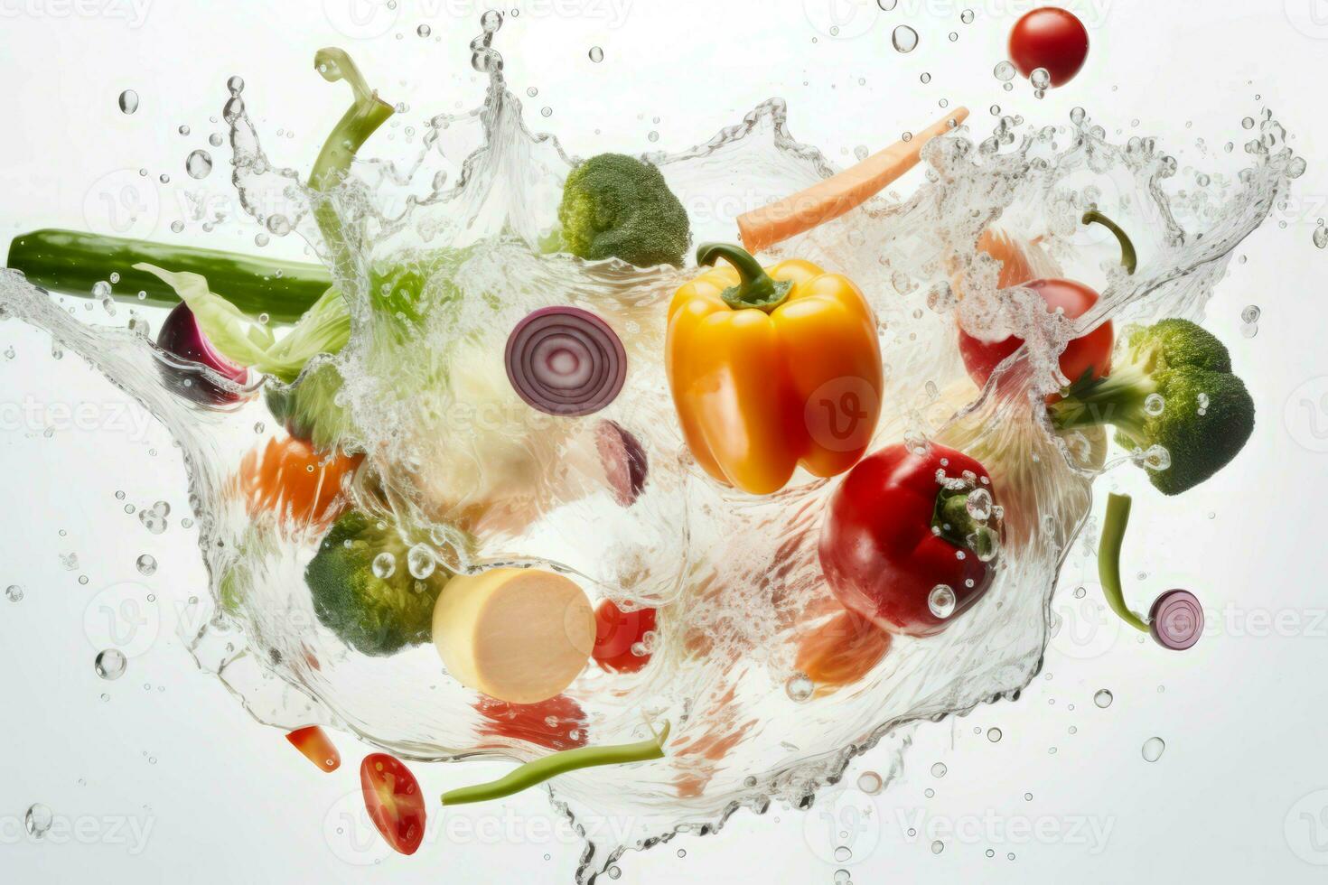 Vegetables water splash food. Generate Ai photo