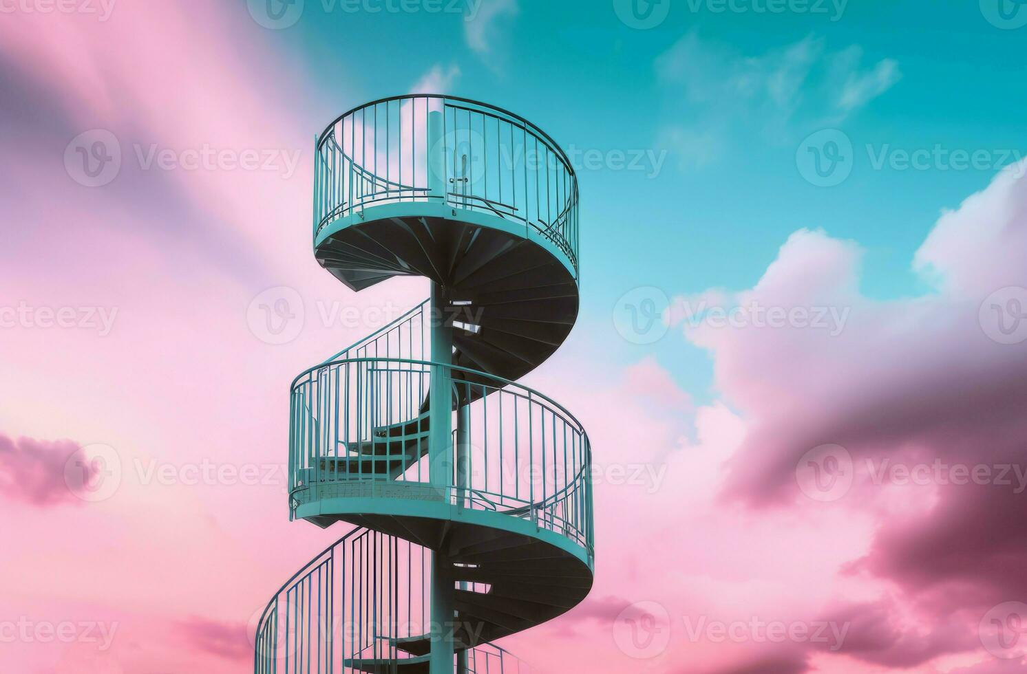 Spiral stairs pink sky safety. Generate Ai photo