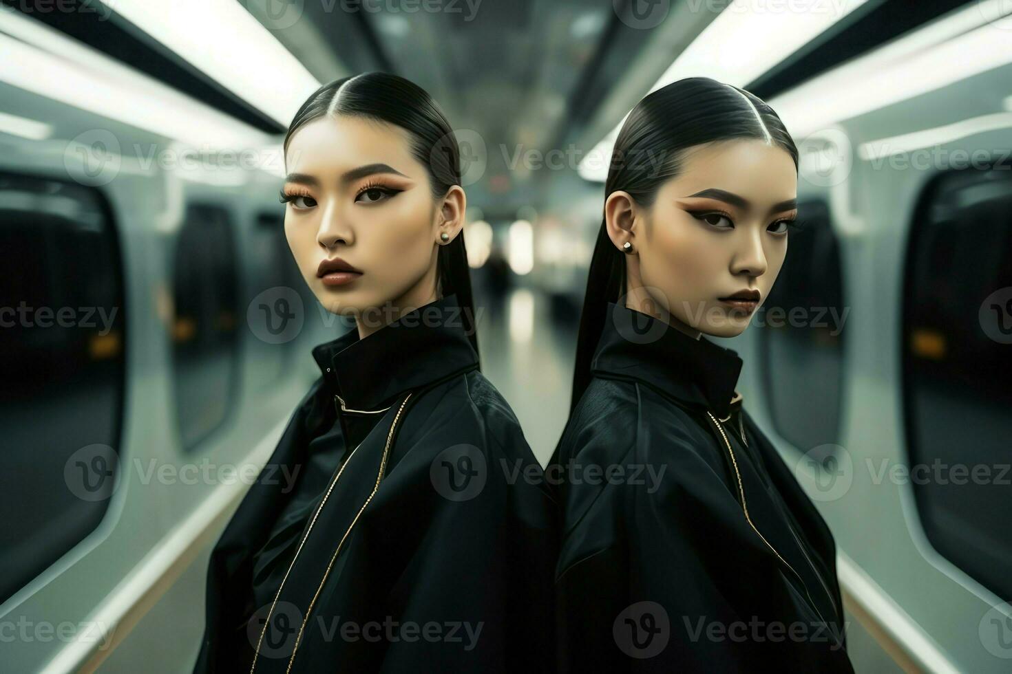 Stylish asian women clothes in train. Generate Ai photo