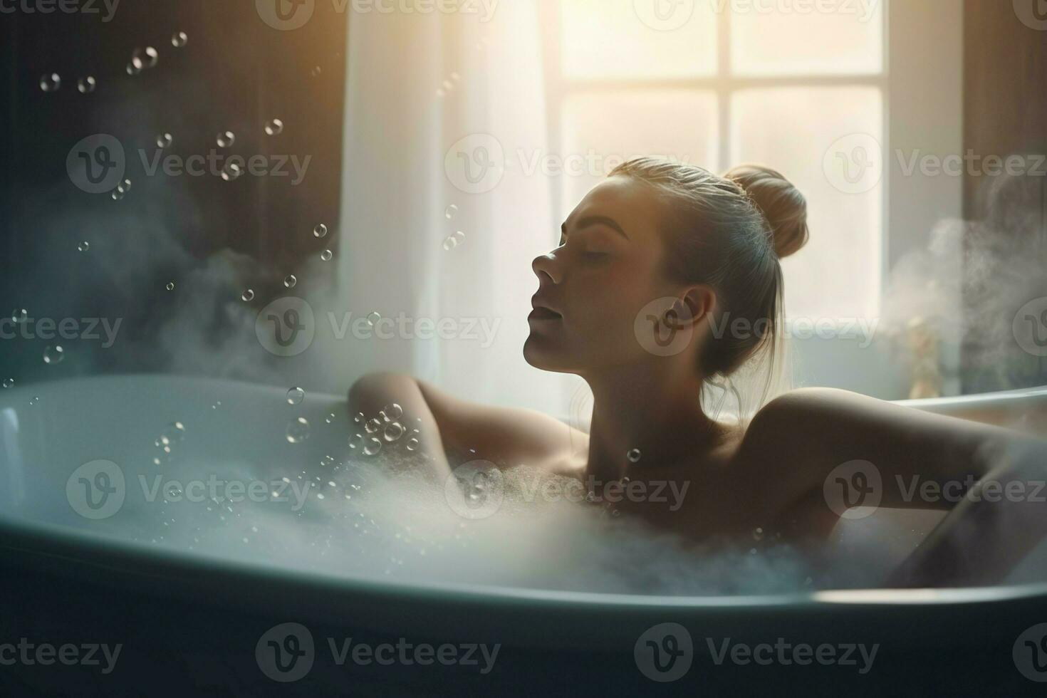 Woman bubble bath at morning. Generate Ai photo
