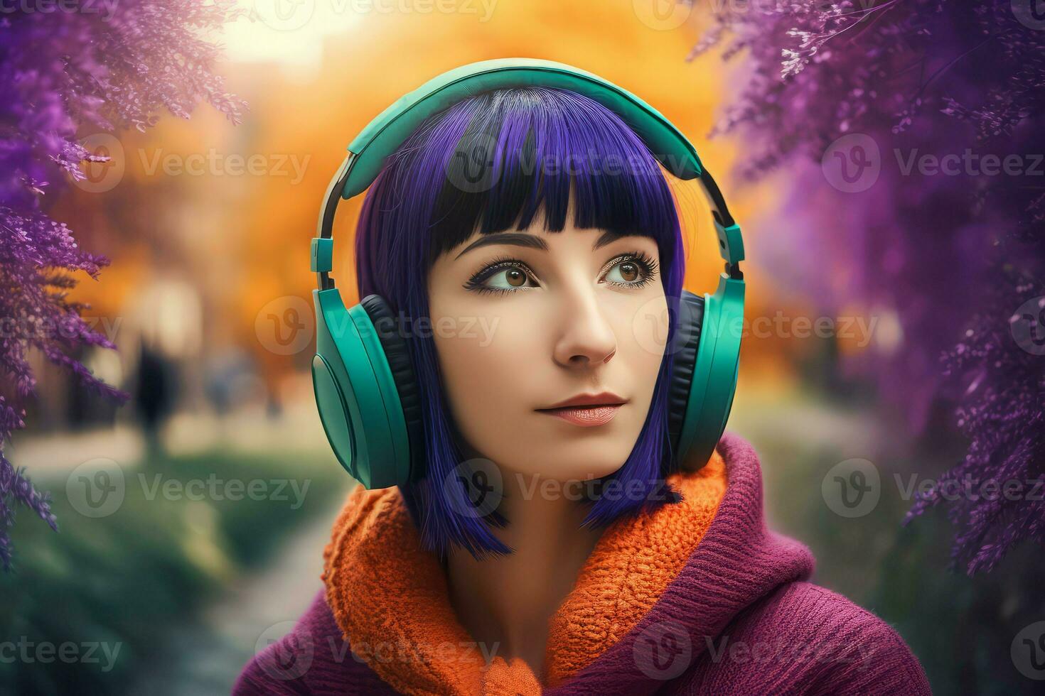 Young woman violet hair style. Generate Ai photo