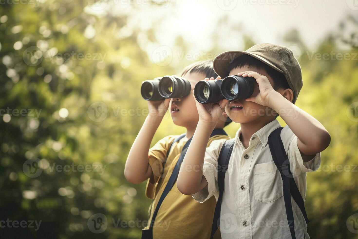 Kids exploring binoculars. Generate Ai photo