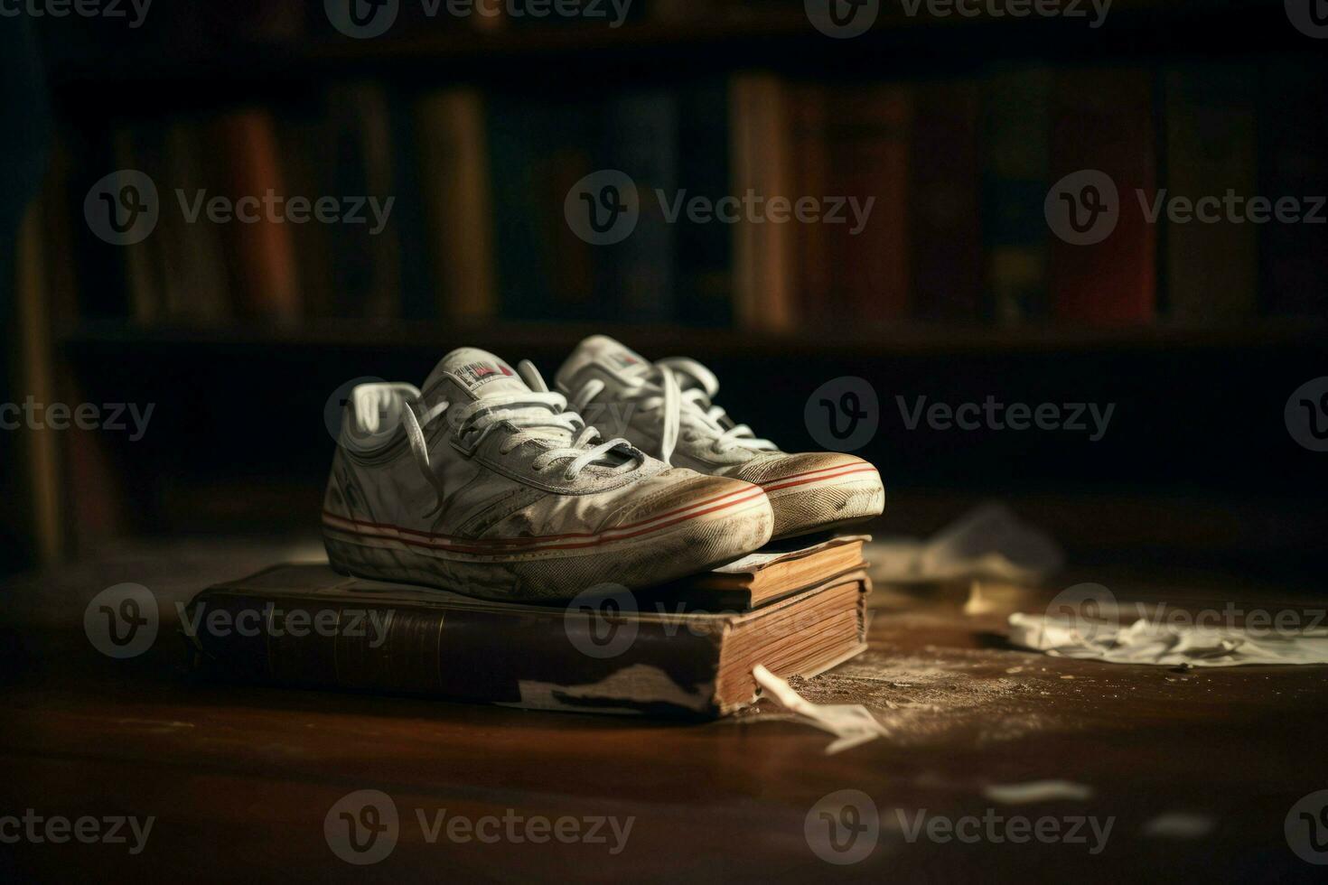 Dirty white sneakers on book. Generate Ai photo