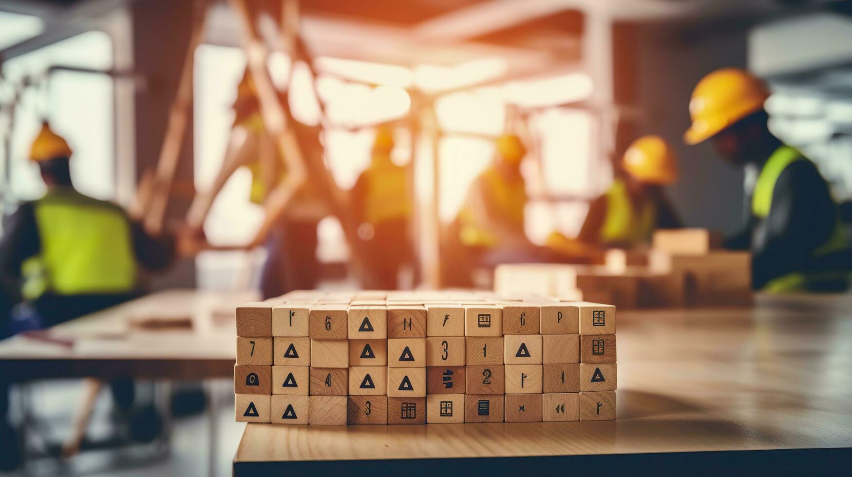 Work safety concept Safety at the workplace and compliance on wooden cube blocks Working standard process Zero accidents Using for safety awareness banner. AI Generative photo