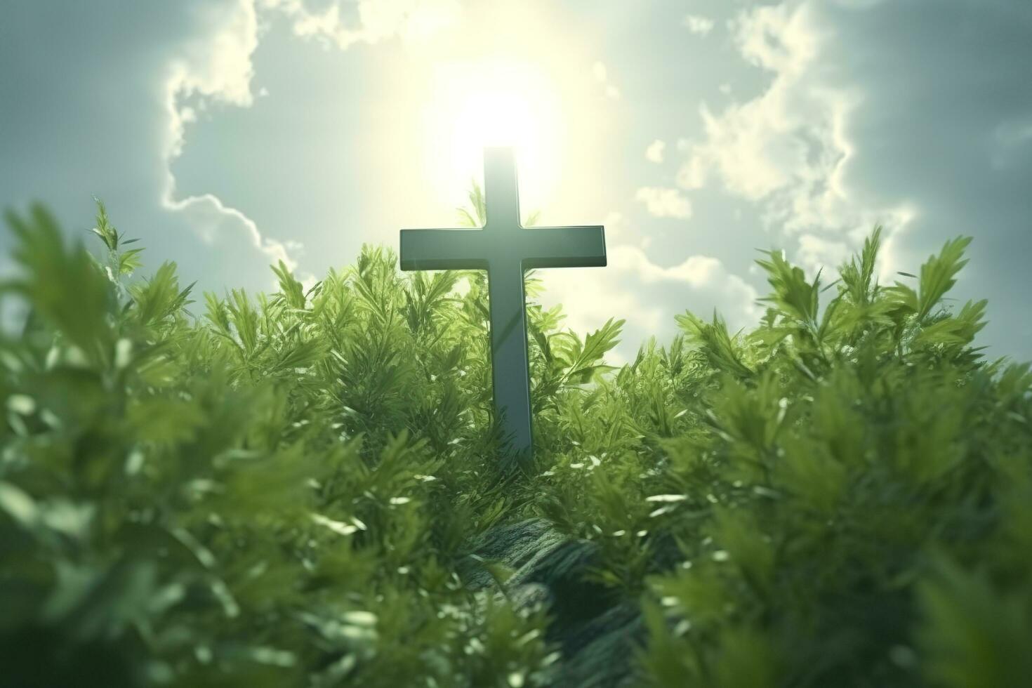 The cross of God with green Leaf, in the rays of the sun and blue sky. Cross on the hill with green trees and graeen natural view. Religious concept, AI Generative photo