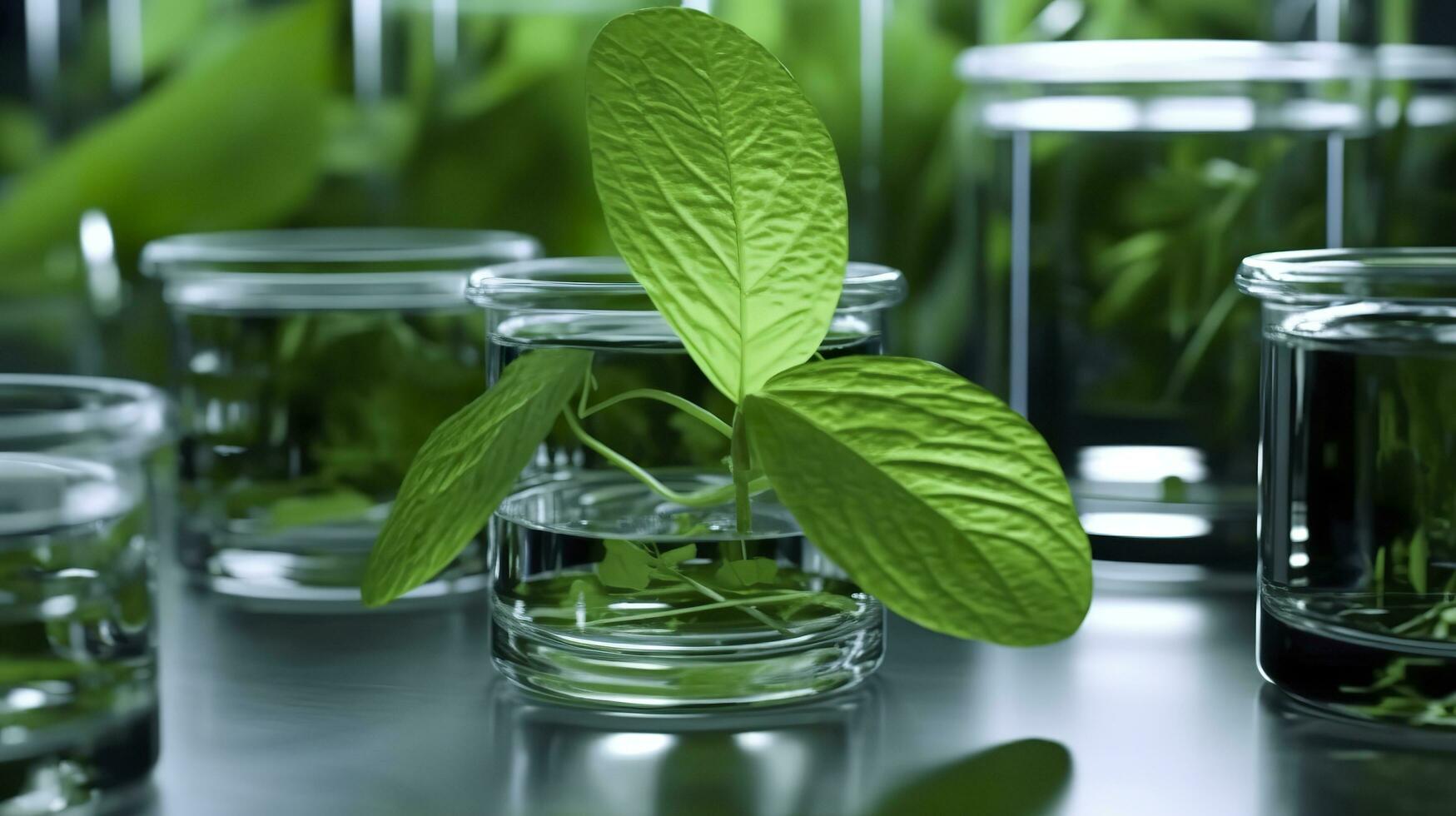 Biotechnology concept with green plant leaves, laboratory glassware, and conducting research, illustrating the powerful combination of nature and science in medical advancements.  AI Generative photo