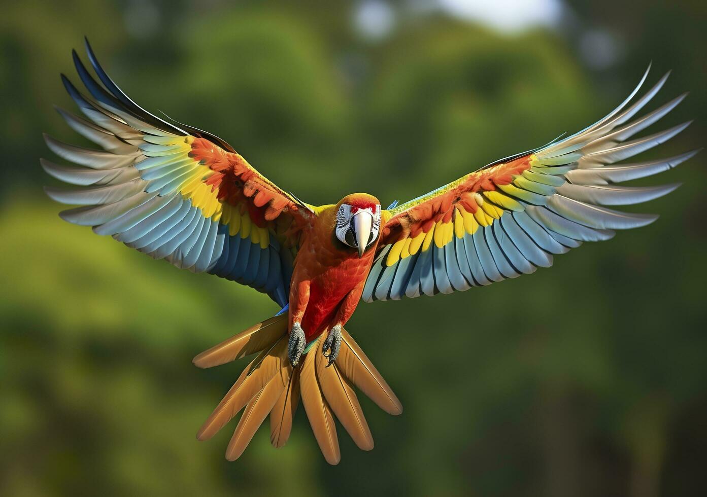 Flying macaw, beautiful bird. Generative AI photo