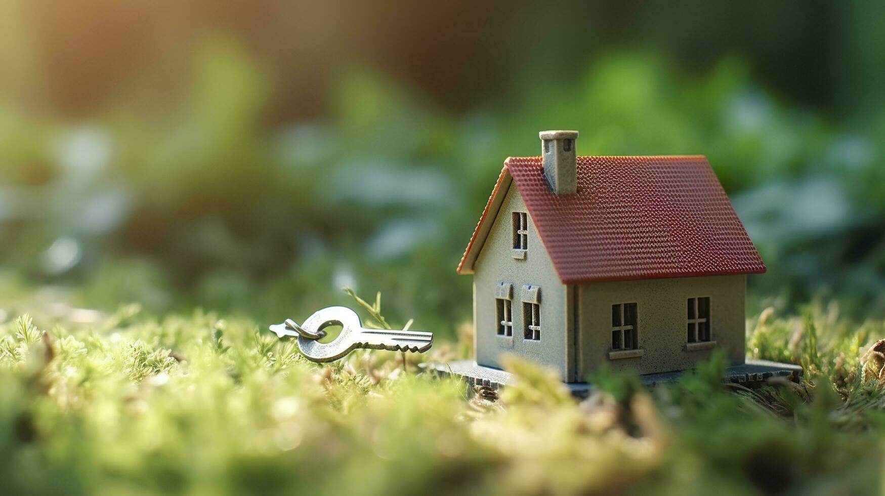 Copy space of home. Small model home on green grass with sunlight. AI Generative photo