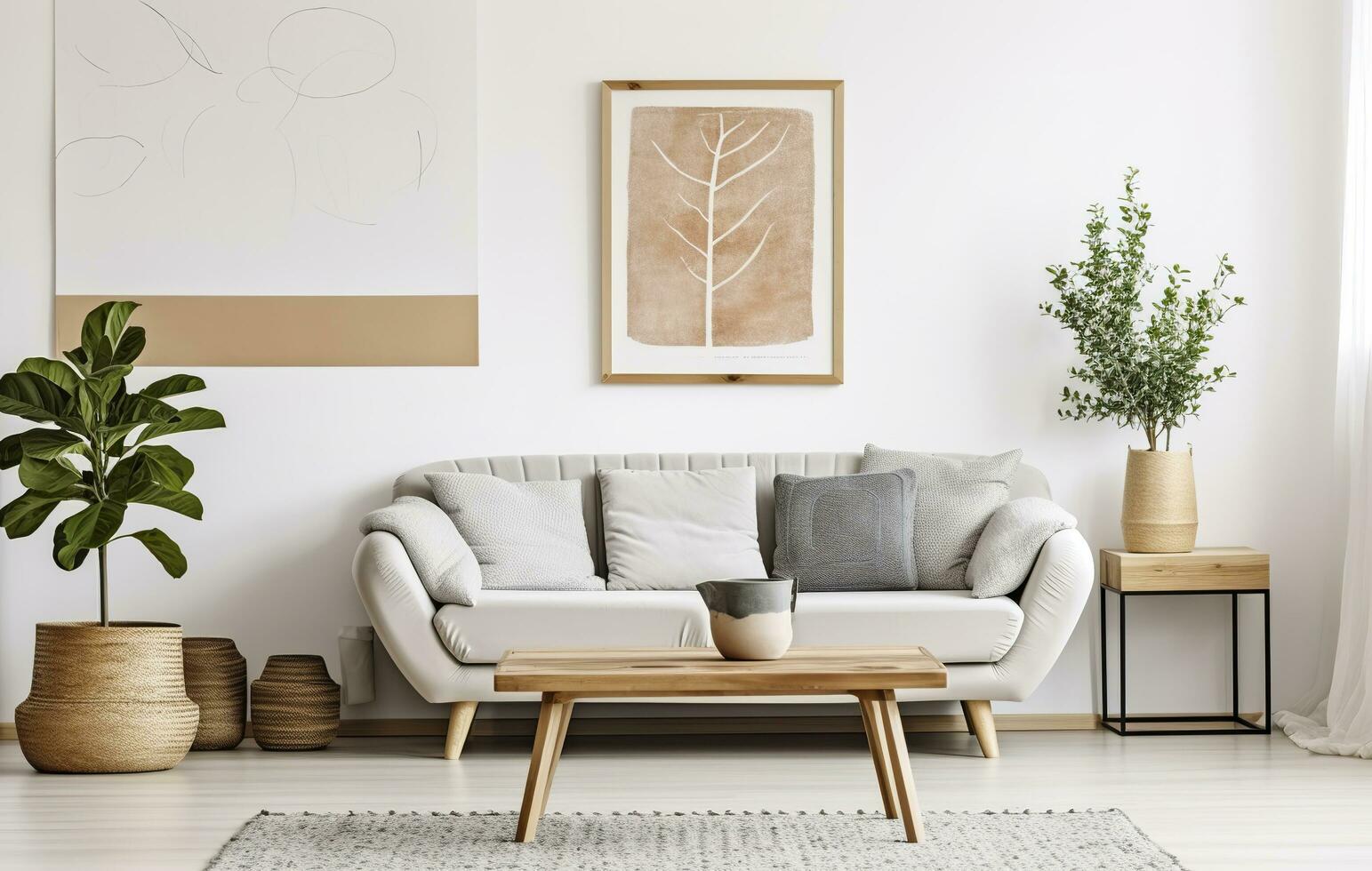 Boho open space interior in a cozy apartment with a design. Generative AI photo
