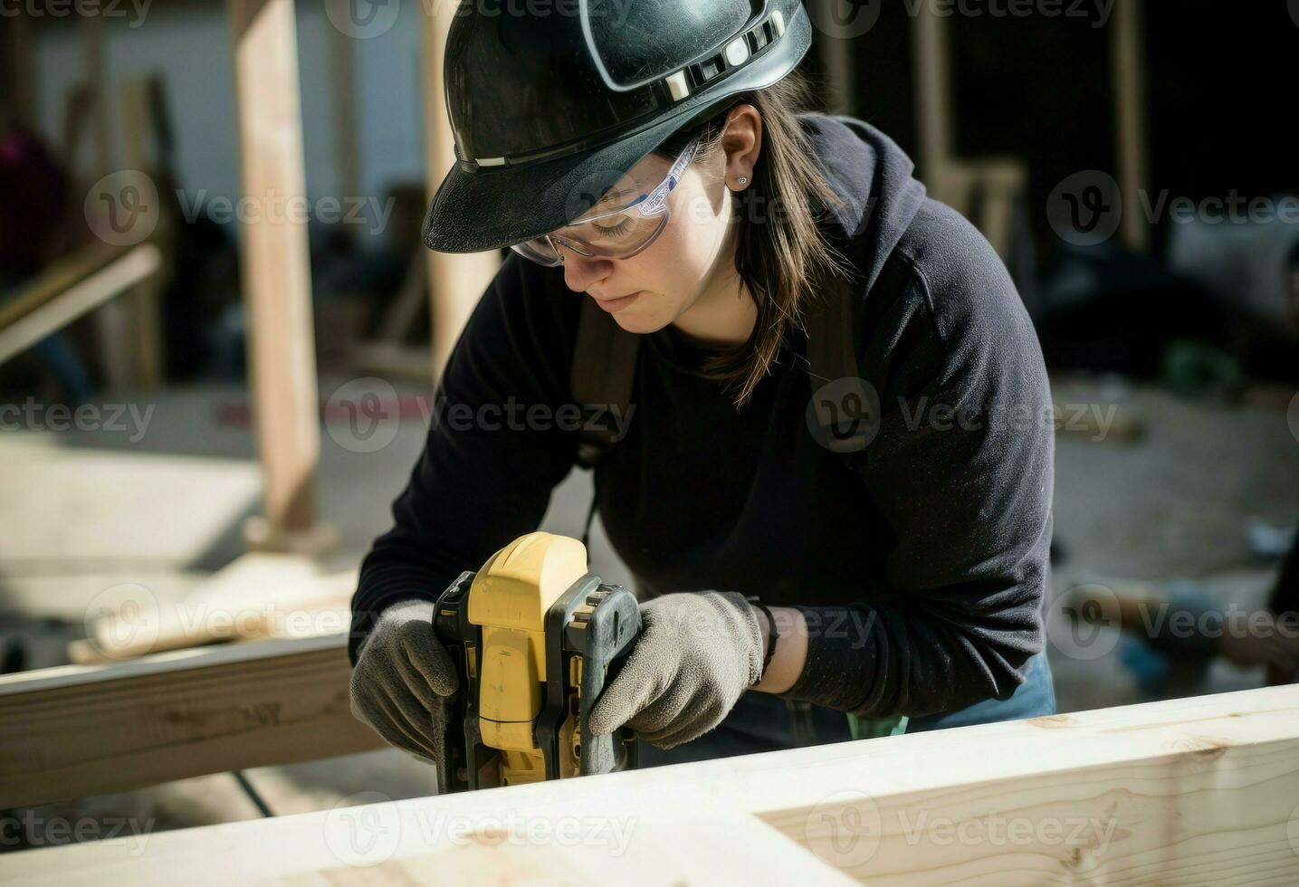Female carpenter work with wood. Generate Ai photo