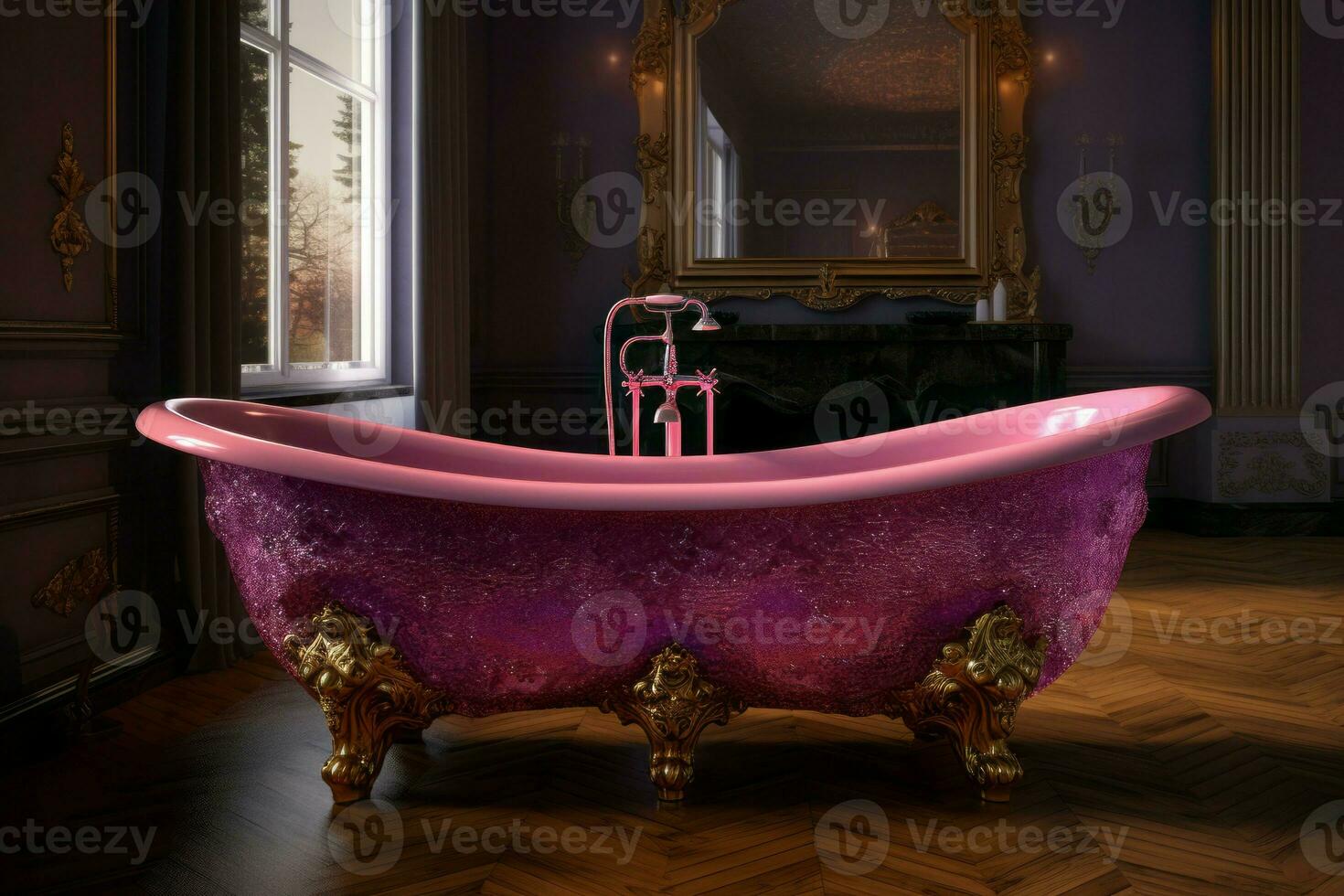 Crystal pink bathtub. Generate Ai photo