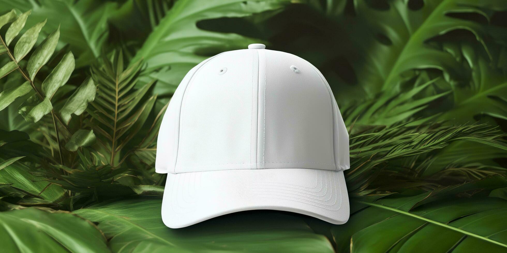 White Cap mockup on a natural background. Generative AI photo