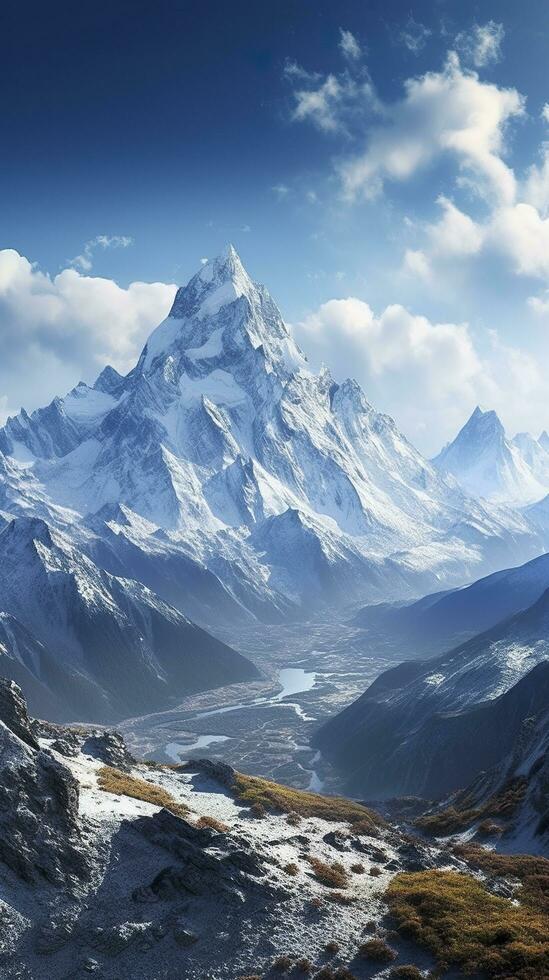 The beauty of a majestic and snow capped mountain range, with rugged peaks, AI Generative photo