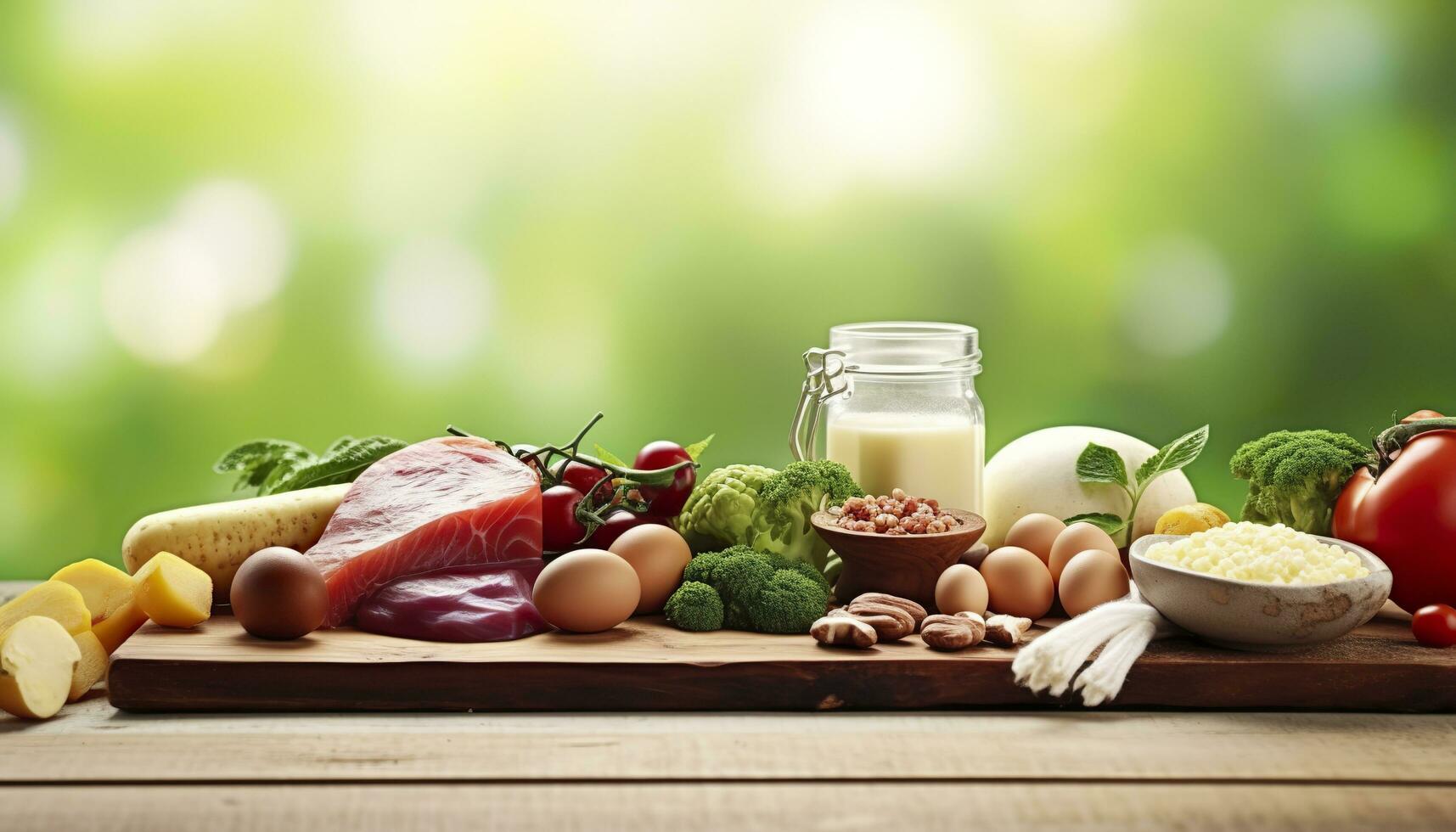 Closeup of vegetables, fruits, and meat on wooden table over green natural background. Generative AI photo