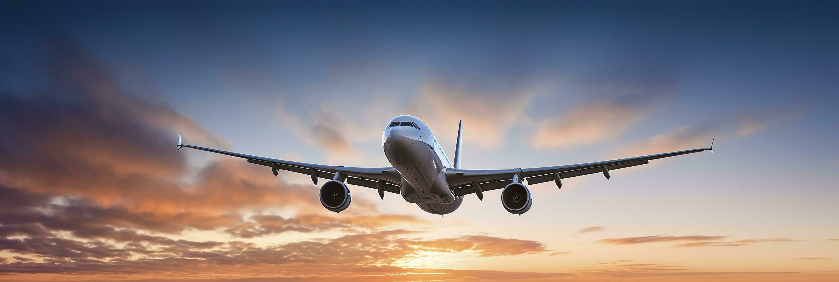 comercial avión volador encima dramático nubes durante puesta de sol. generativo ai foto