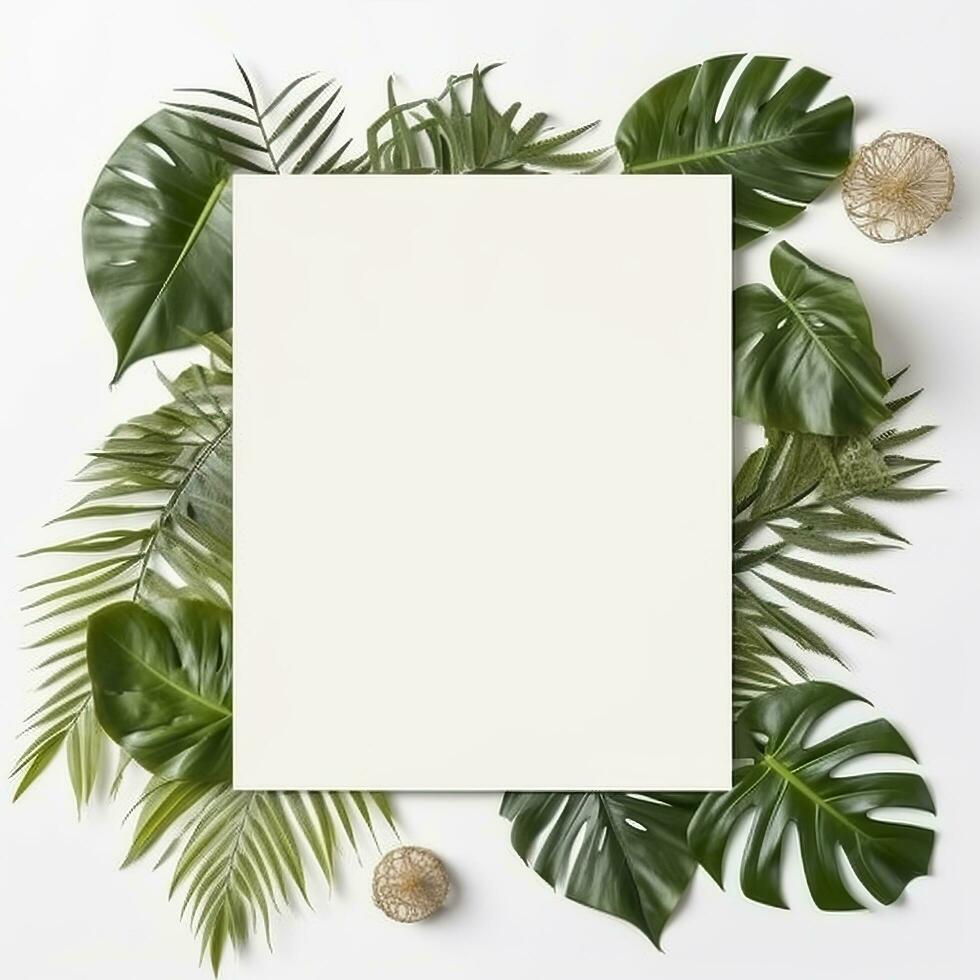 Frame with leaves.  Summer tropical leaves and blank frame with copy space on white background. Generative AI photo