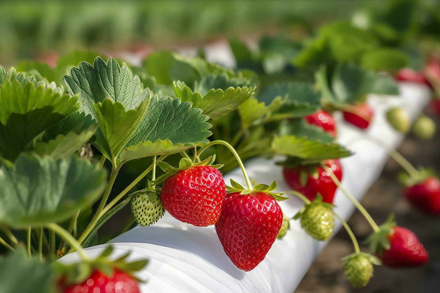 Bush of ripe organic strawberries in the garden. Berry closeup. Generative AI photo