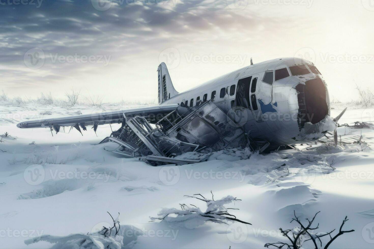 Crashed plane winter forest landscape. Generate Ai photo