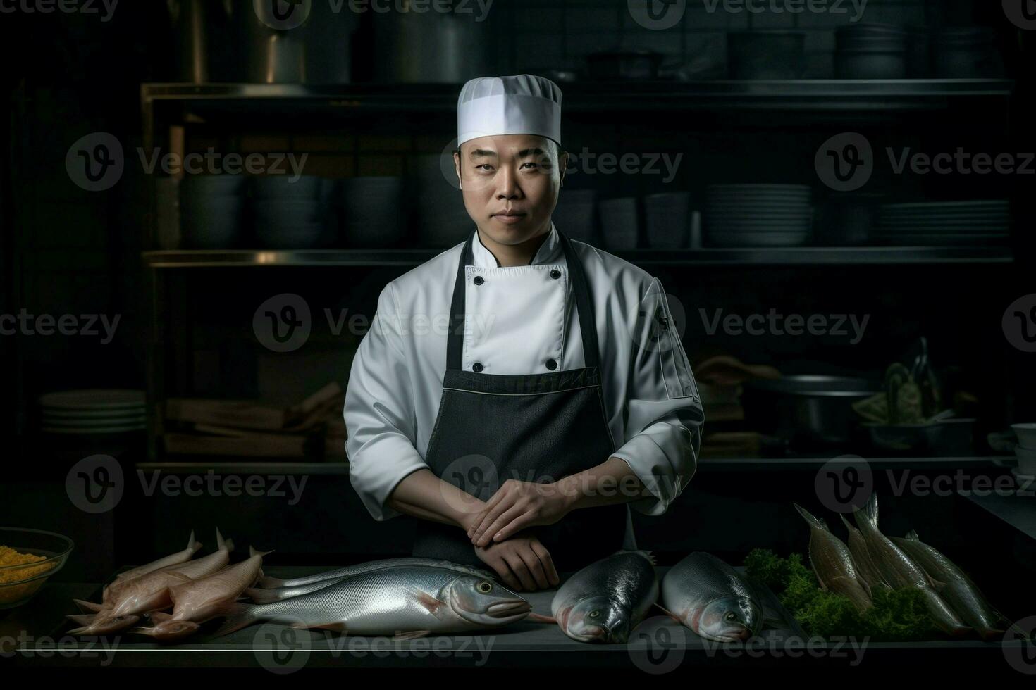 Chinese man cook seafood. Generate Ai photo