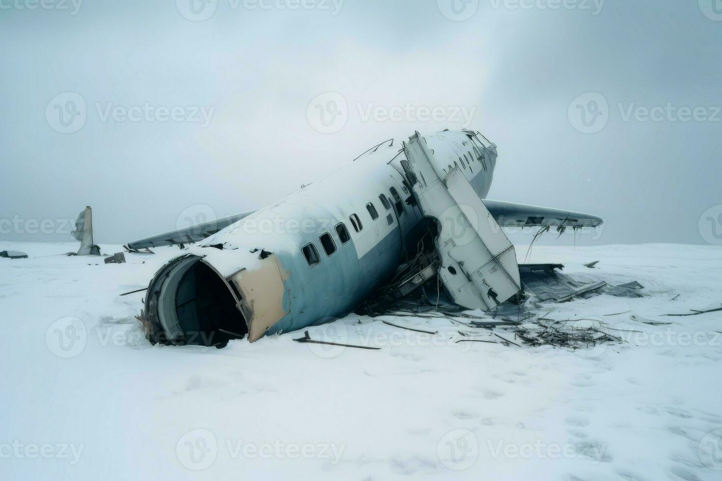 Crashed plane winter field. Generate Ai photo