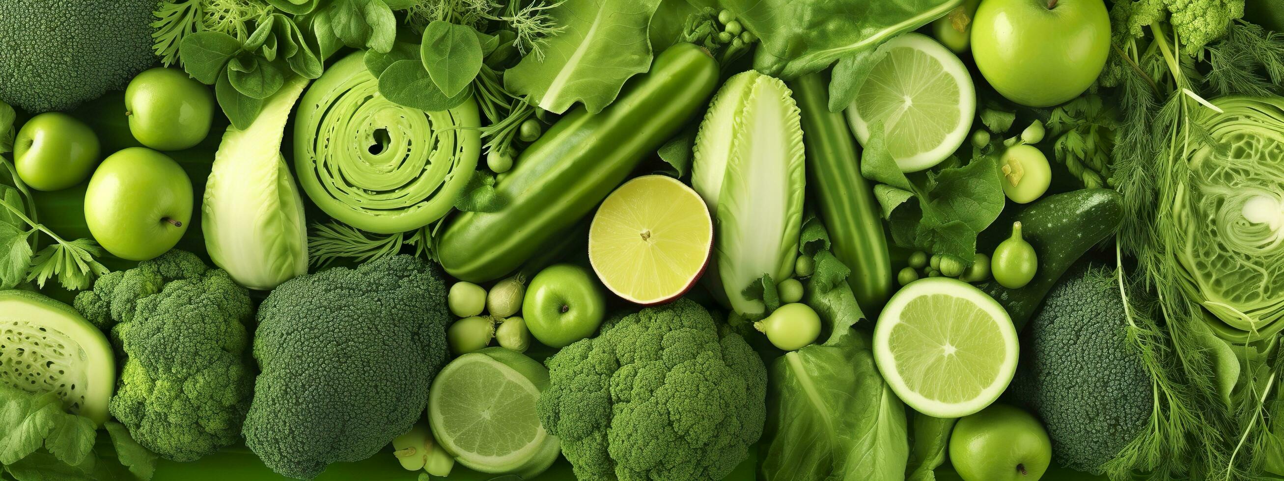 Banner layout of green fruits and vegetables. Generative AI. photo
