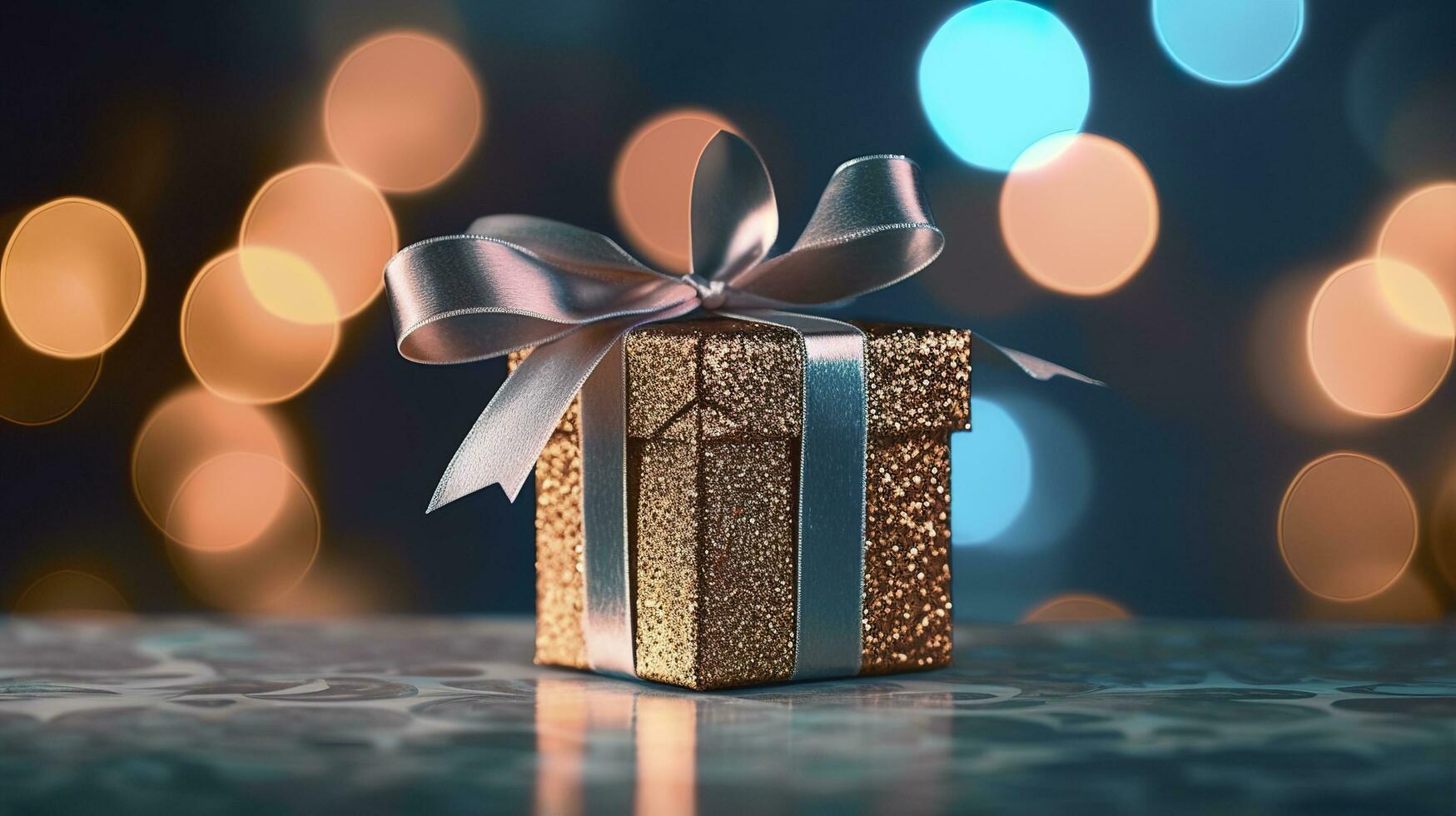 Festive gift box against bokeh background. Holiday greeting card. Typically used for birthday, anniversary presents, gift cards, post cards. AI Generative photo