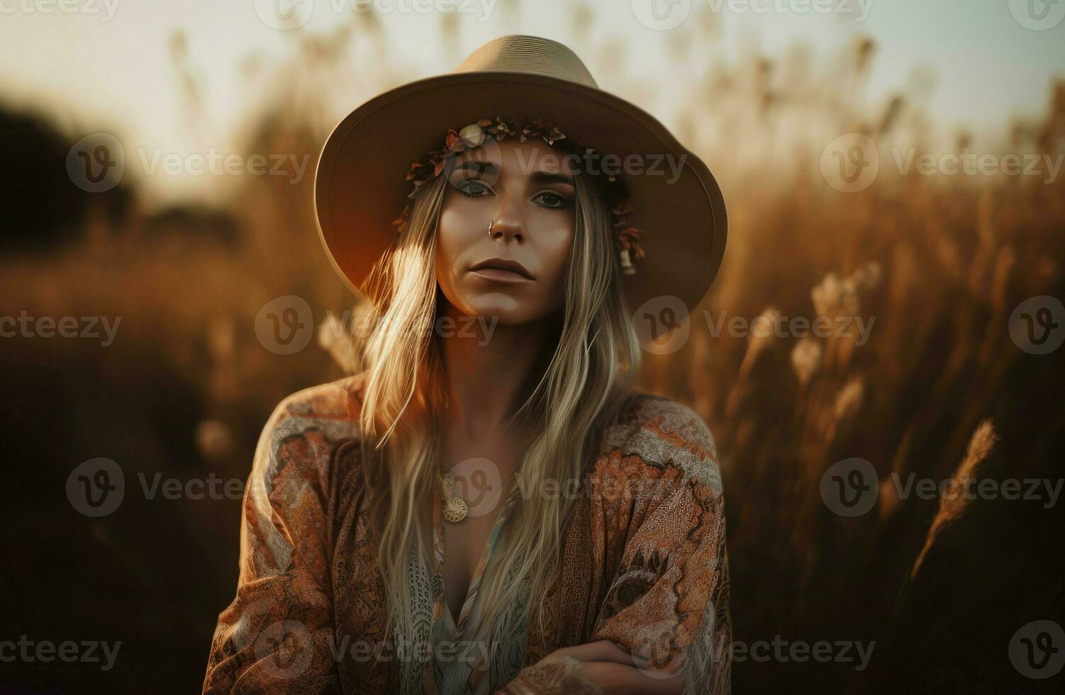 Boho woman field. Generate Ai photo